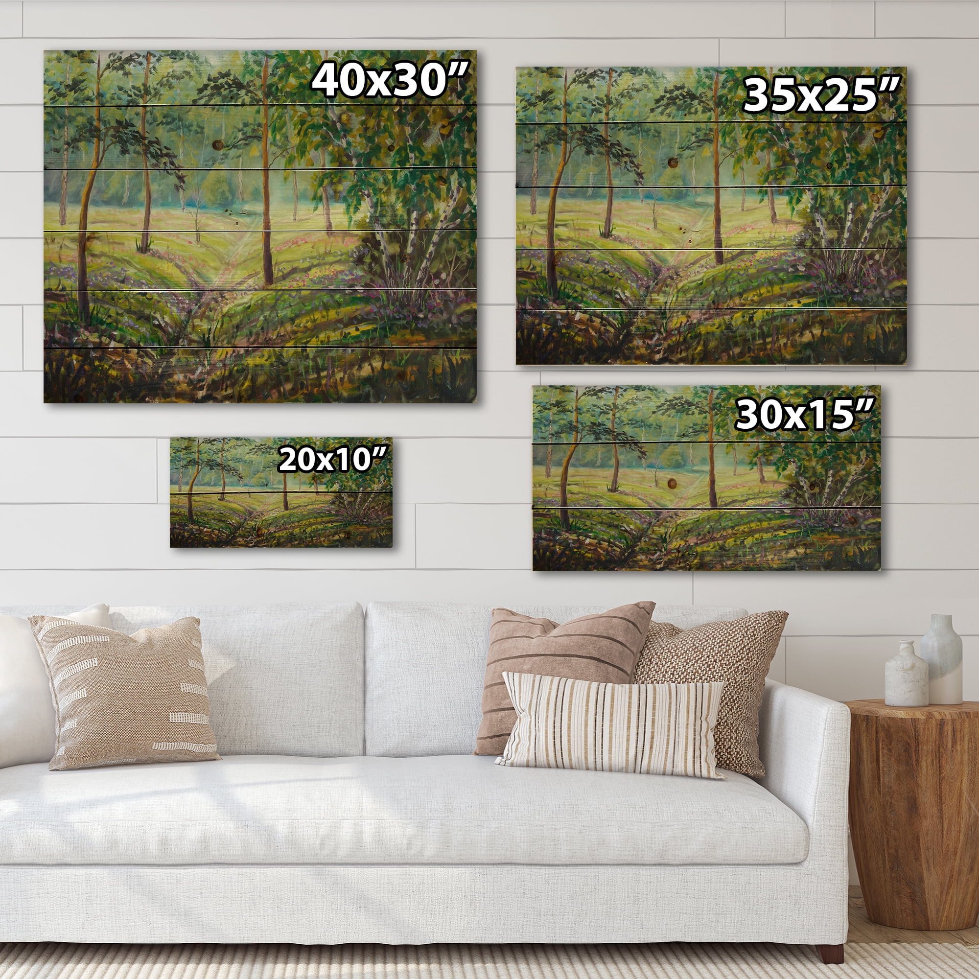 Designart 'Bushes and Pine Trees In The Forest I' Lake House Print on Natural Pine Wood