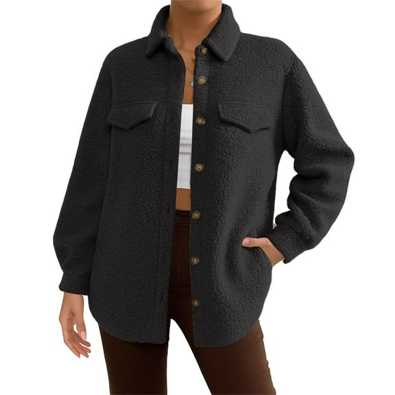Yigetop Winter Jackets for Women, Womens Jacket Fuzzy Fleece Warm 2024 Winter Jackets Long Sleeve Button Down Coat Faux Outwear with Pocket Faux Fur Coat Women Black L