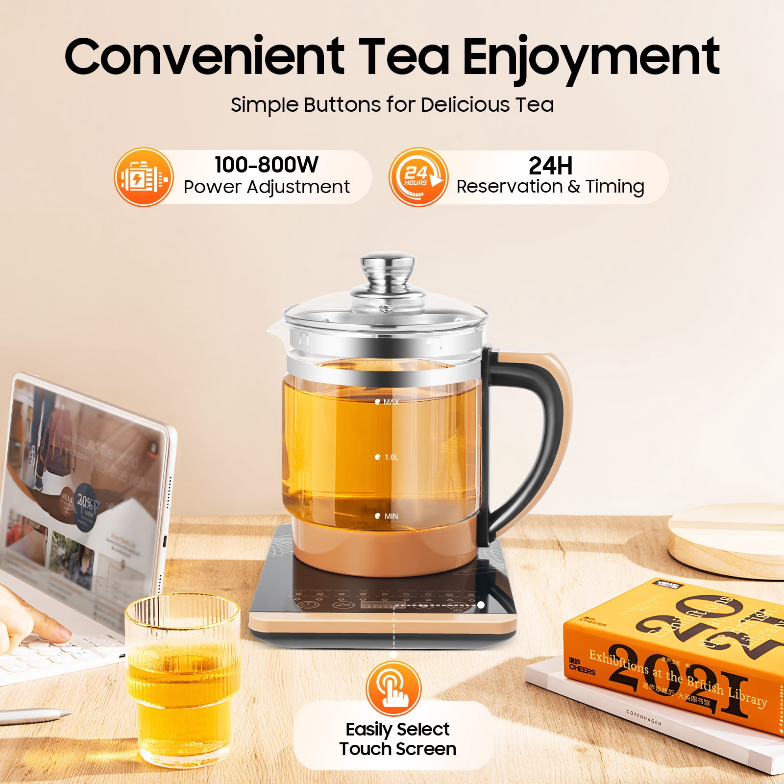 Electric Tea Kettle, 1.8L/0.4Gal Health Pot Electric Glass Kettle w/Filter+ Digital Heating Base, BPA-FREE & Boil-Dry Protection for Boiling Water Tea, Coffee