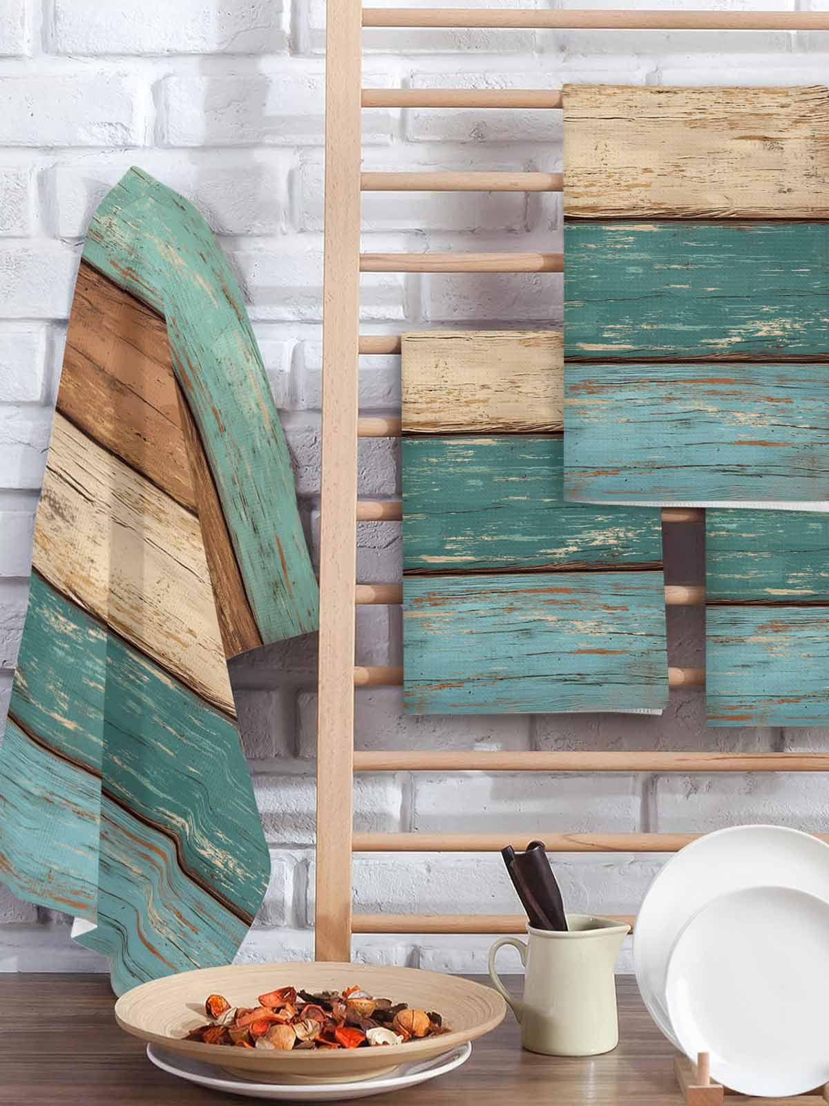 Farmhouse Teal Brown Hand Towels Set, Waffle Weave Kitchen Towels 2 Pieces, Vintage Retro Wooden Microfiber Hair Face Bath Tea Towel Absorbent Quick Drying Cleaning Dish Cloths 15.7"x23.6"