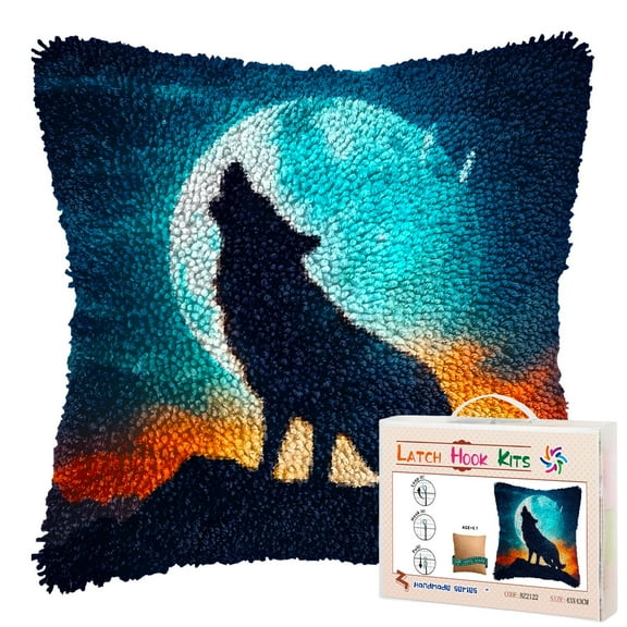 Howling Wolf Under Moon DIY Latch Hook Pillow Kits for Adults Printed Pillowcase Crochet Yarns Hooking Handmade Pillow Cover Cushion for Home Sofa Decoration 17x17inch