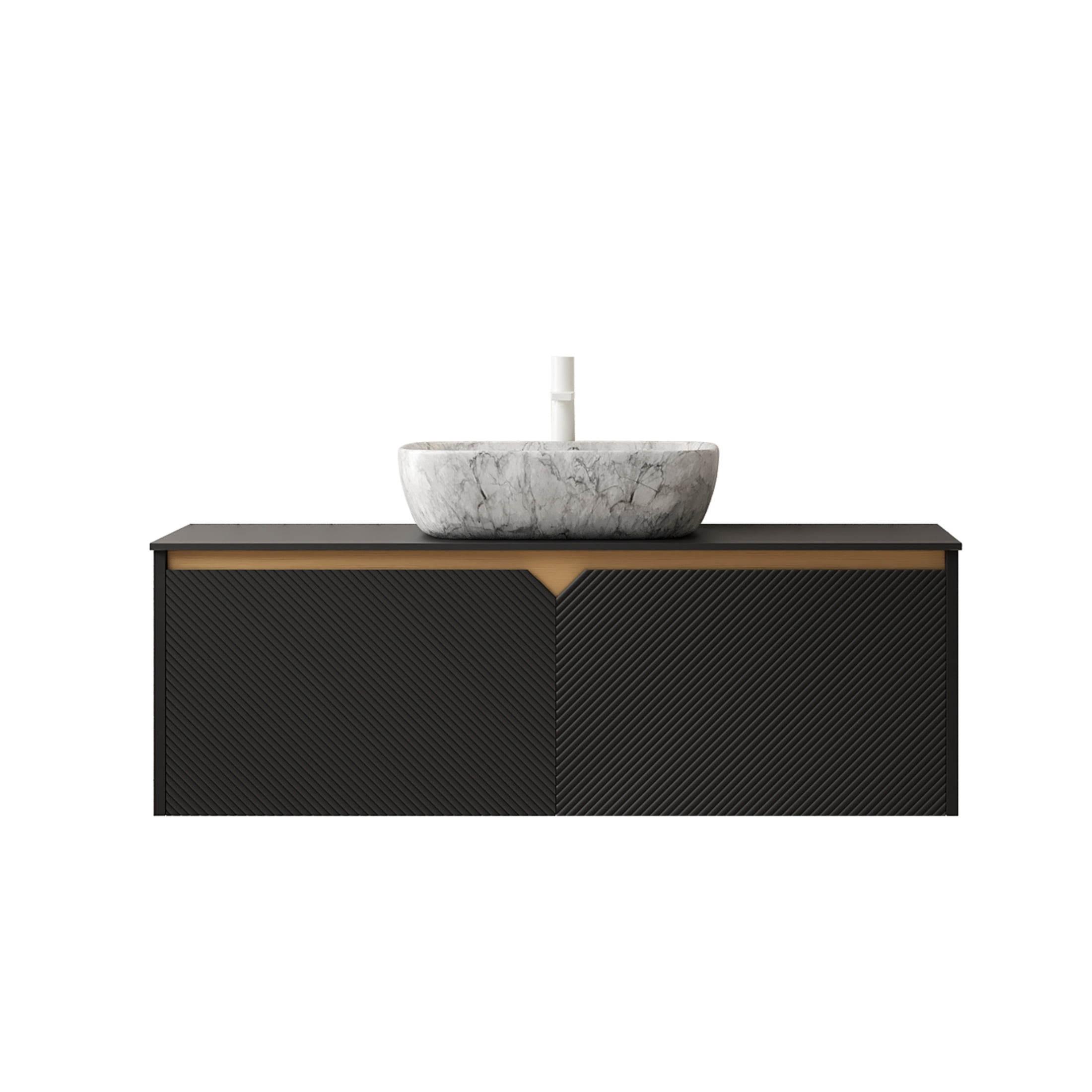 Noble House RUBEN 48" Floating Bathroom Vanity, Sintered Stone Top Cabinet with Gray Stone Ceramic Vessel Sink, Black