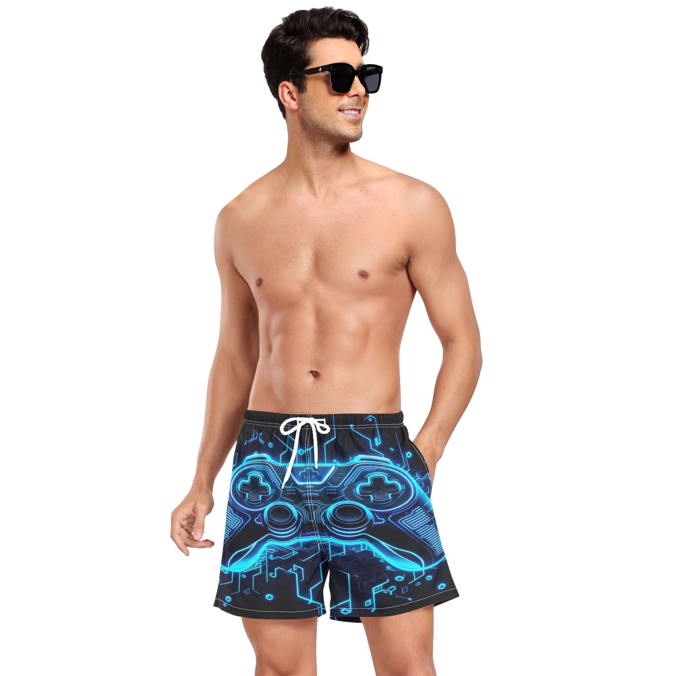 joogoo Men's Neon Game Controller Cool Swim Trunks with Liner Pocket Beach Shorts XX-Large