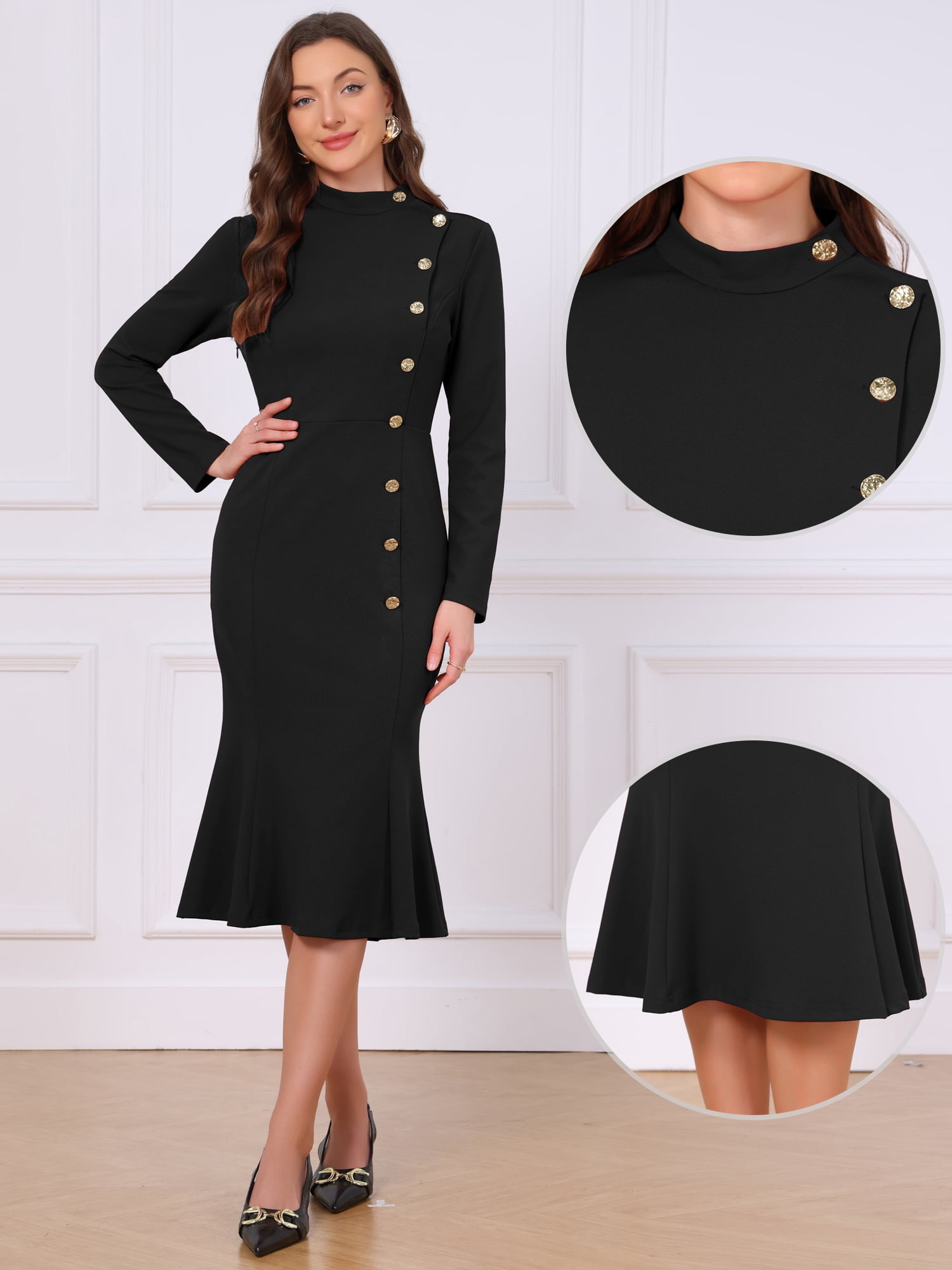 DARING DIVA Women's Midi Fishtail Dress Long Sleeve Stand Neck Work Dress XL Black