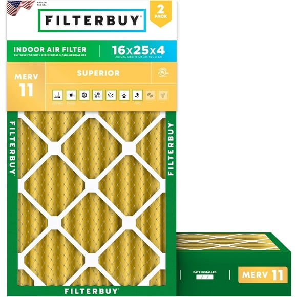 Filterbuy 16x25x4 MERV 11 (MPR 1200) Allergen Defense, Pleated HVAC AC Furnace Air Filters (2-Pack)