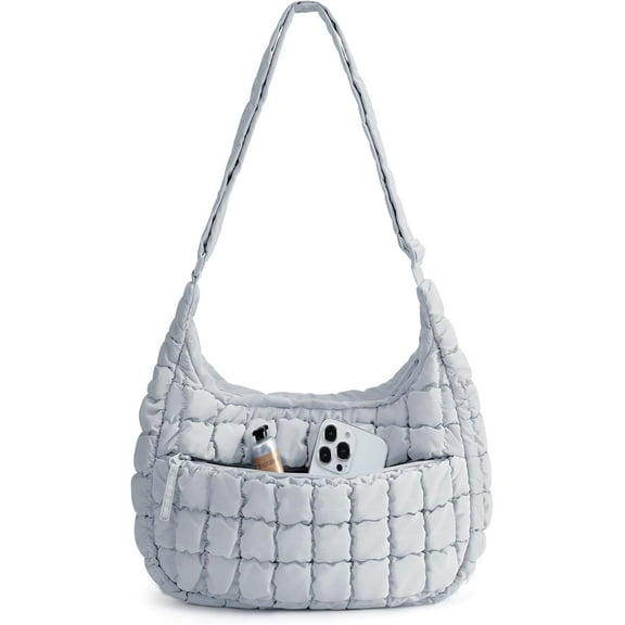 Kwuty Quilted Puffy Crossbody Bag for Women, Medium Cute Hobo Shoulder Purse Soft Fluffy Handbag for Daily Use