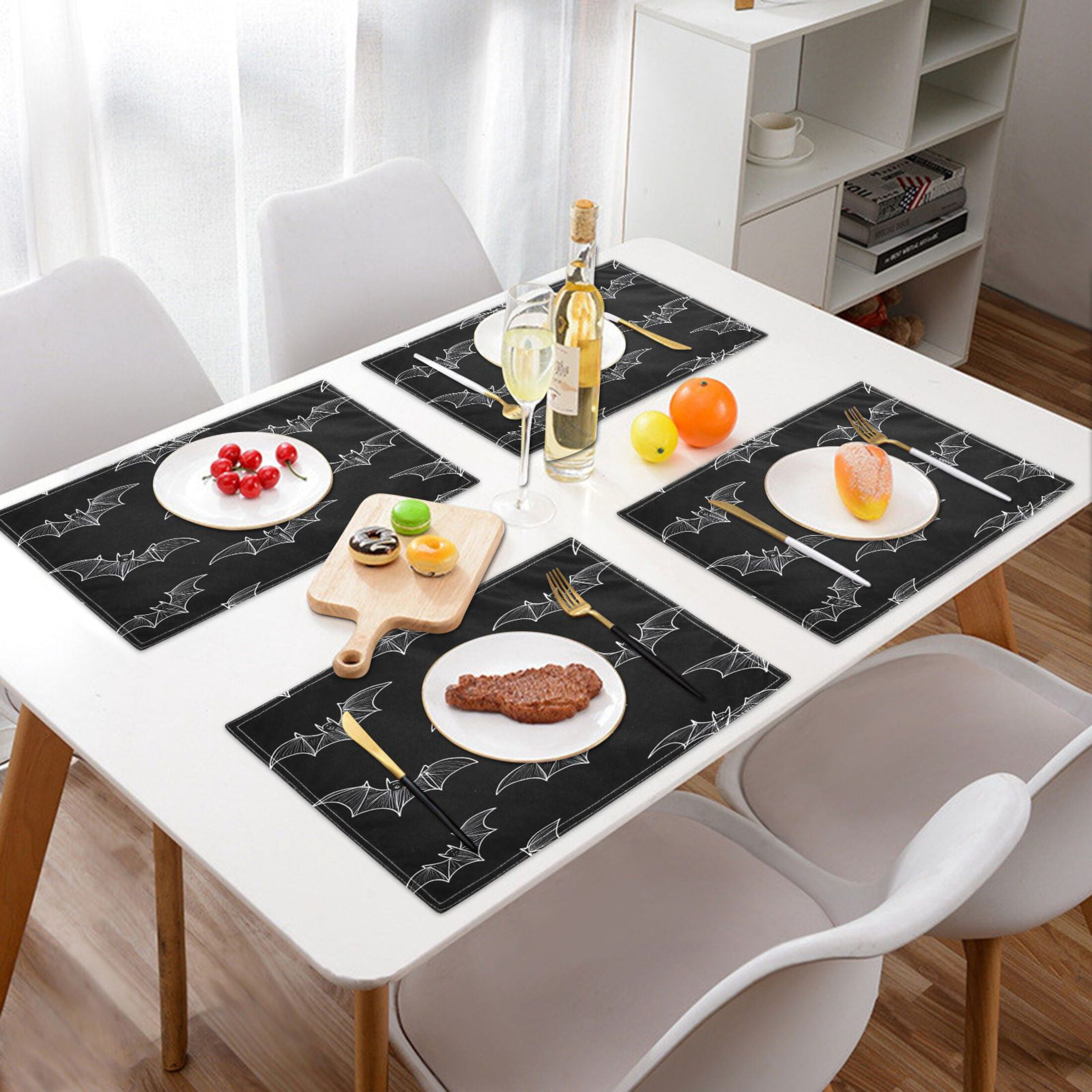Black Bat Placemats Set of 6 Coffee Mats, Non Slip Backing 18x12 Inch for Home and Restaurants