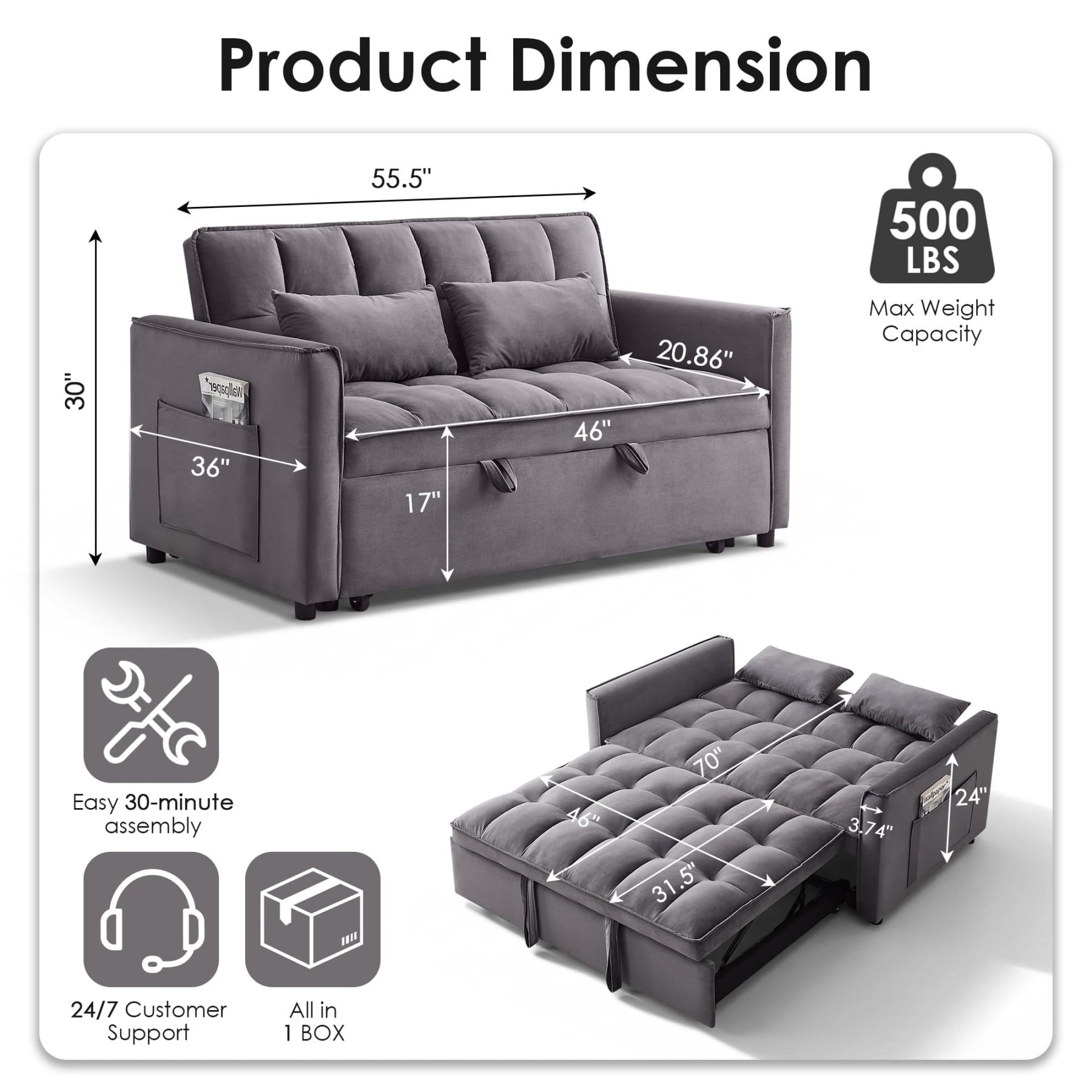 54" 3 in 1 Convertible Velvet Sofa Bed, 3 Position Foldable Sleeper Couch with Adjustable Backrest & Pillows, Dark Gray