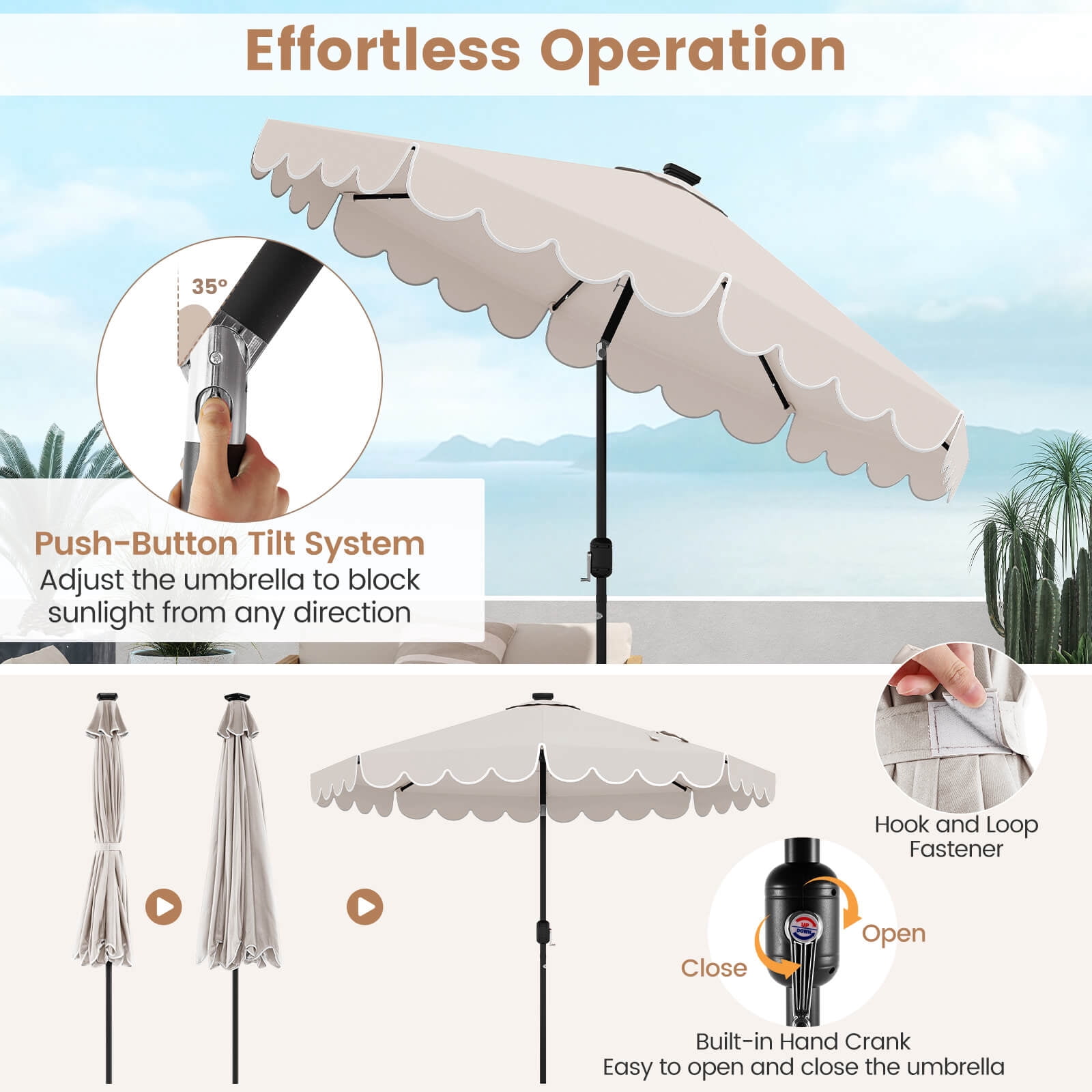 Costway 9.3 FT Solar Patio Umbrella Outdoor Market Sunshade with 24 LED Lights Ruffles Beige