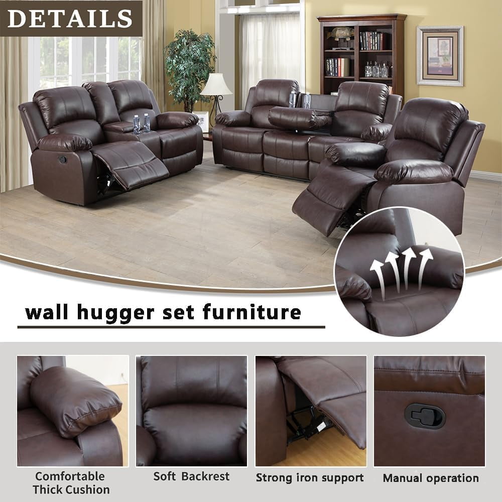 Bonded Leather Living Room Furniture Set Reclining Sofa Set Loveseat Furniture Sets in Living Room Sofa Recliners (3 Pieces, Beige)
