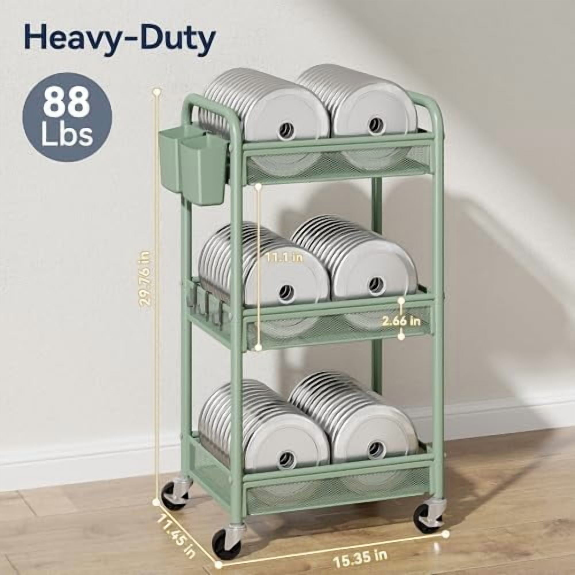 3 Tier Rolling Cart – Metal Utility Storage Carts with Wheels, Craft Carts Organizer with Hanging Cups, Hooks, Mesh Basket for Bedside Kitchen Office Art, Green