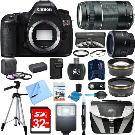 Canon EOS 5DS 50.6MP Digital SLR Camera Super Bundle includes Camera, 50mm Lens, 75-300mm Lens, 58mm Filter Kit, 32GB SDHC Memory Card, Tripod, Gadget Bag, Cleaning Kit, Beach Camera Cloth and More!