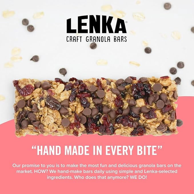 LENKA Handmade Craft Granola Bars - Cranberry Chocolate Gluten Free High Fiber - Nutritious Snack Bar with Chewy Granola - 12 Pack
