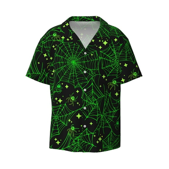 Xecao offers the Green Bright Web with Spiders for Men's Casual Short-sleeved Shirt, a button-up collared shirt with a pocket, perfect for beach vacations and yacht travel in the Small size.