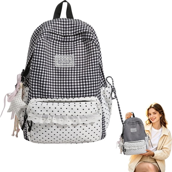 Lace Plaid Backpack, Mixed Pattern and Ribbon Bows, Spacious Lightweight Backpack for Commute Shopping, Lightweight study Bookbag with Front Zipper and Side Pockets, Black