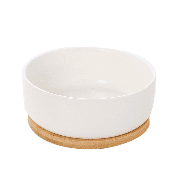 Large Ceramic Flower Bowl Planter with Wood Stand, White Smooth Pot with Tray, Indoor Water Plant Pot, Great for Aquatic Plants and Home Decor