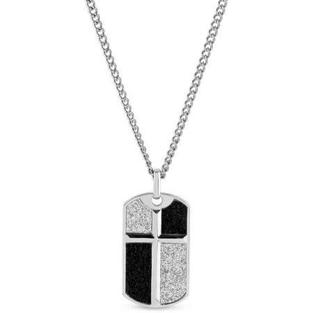 316L Stainless Steel Black and Silver Glitter Cross Dog Tag Pendant, 24 Curb Chain
