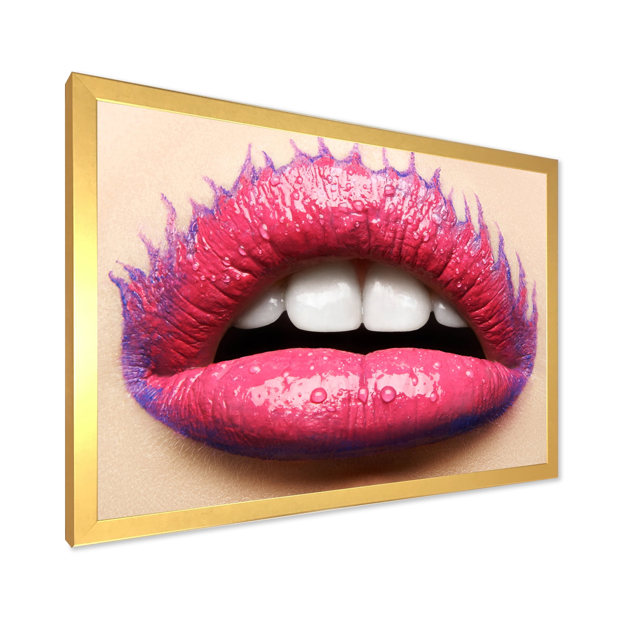 Designart 'Beautiful Woman Lips With Pink Lipstick' Modern Framed Art Print