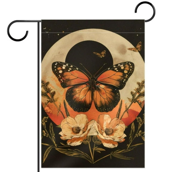 Orange Butterfly Moon Flower Aesthetic Retro Pattern Double Sided Garden Flag Decorative Weather Resistant Yard Flag, Large DIY Vertical Flag for Farmhouse Patio Lawn, 28x40 Inch