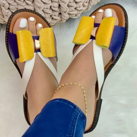 Yellow Wedge Flip Flops for Women Stretch Orthotic Slide Sandals Sandals Woven Beach Wedge Slippers Bow Shoes Size 7.5