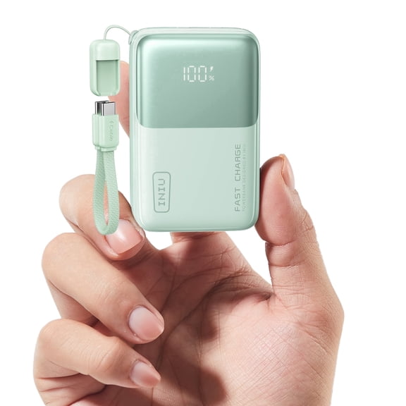 INIU Portable Charger, Ultra Mini 10000mAh 45W Fast Charging with Detachable Cable, Flight-Safe Travel USB C Power Bank for iPhone 17 16 Samsung S26, Google Pixel iPad etc, Green