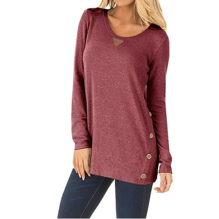 Women's Round Neck Button Stitching Loose Blouses Ladies Pullover ...