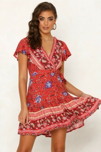 Women Short Sleeve Wrap Boho Mini Dress Summer Sundress Holiday Beach LA
