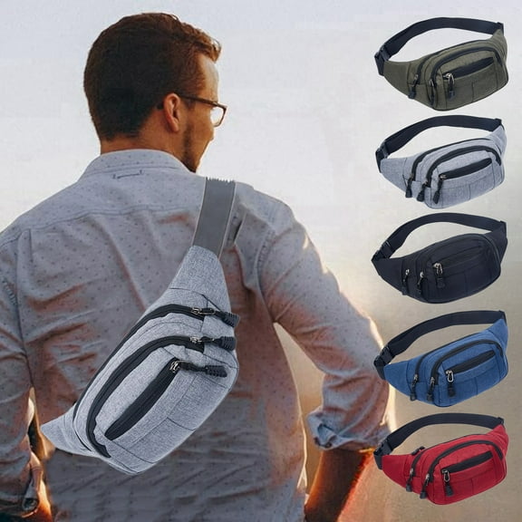 Kuroiy Fanny Pack Waist Bag Crossbody Sling | Water-Resistant Nylon | 3 Zippered Compartments & Hidden Pocket | Adjustable Strap | 28x14x10 cm | 180g | Gray, Brown, Blue, Red