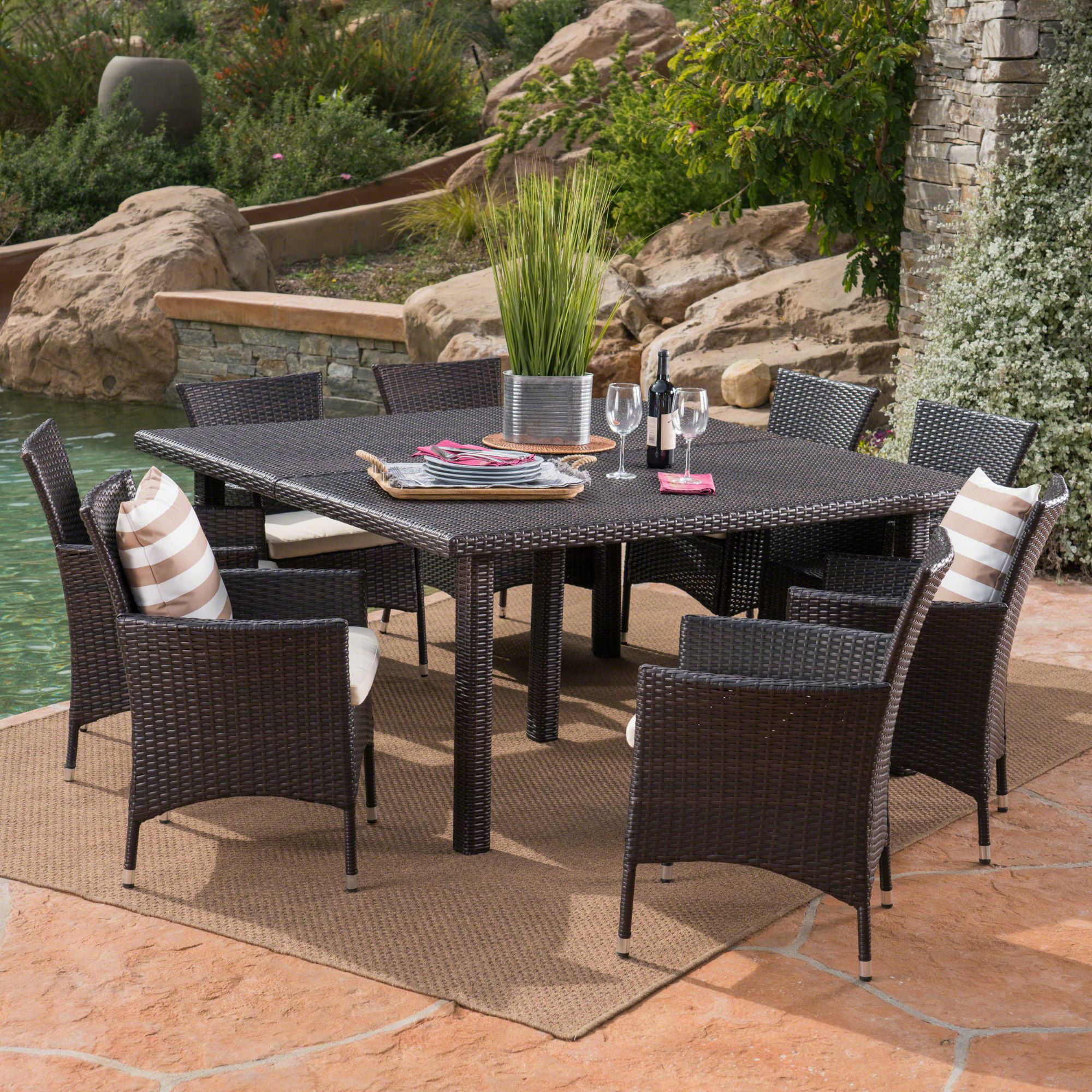 9-Piece Brown Finish Square Wicker Outdoor Furniture Patio Dining Set