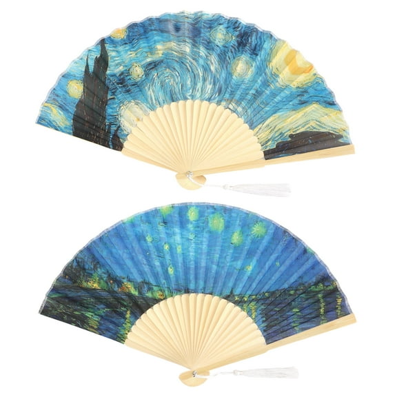 2pcs Bamboo Handheld Fans,Folding Fan,Handwork Gift Party Dancing Decoration Starry Night,Chinese Japanese Style,for Wedding, Dancing, Party, Home Decoration, Folding Fan Handheld