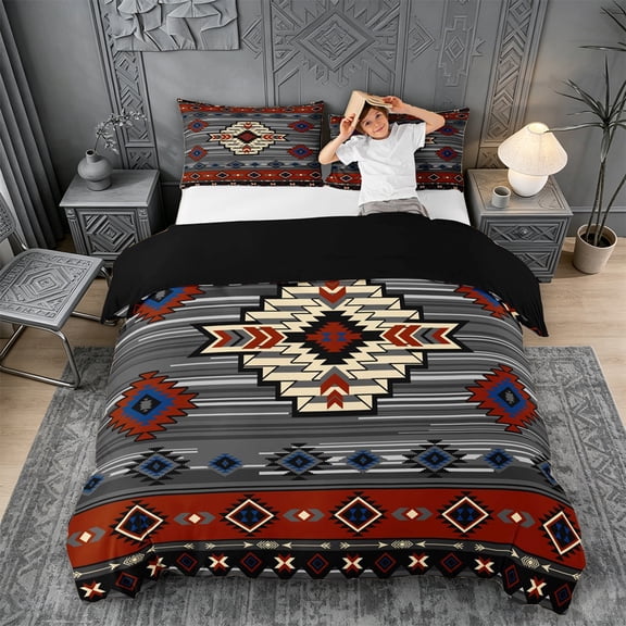 jejeloiu Bold Tribal Bedding,Southwest Print Duvet Cover Full For Boys,Red Gray,Black Reversible,3-Piece,1 Duvet Cover and 2 Pillowcases