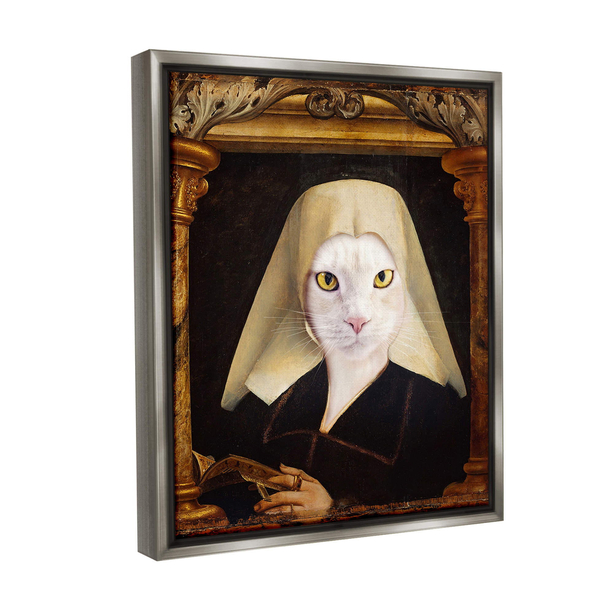 Stupell Industries Cat with Ornate Arch Animals & Insects Painting Gray Floater Framed Canvas Art Print Wall Art, 25 x 31