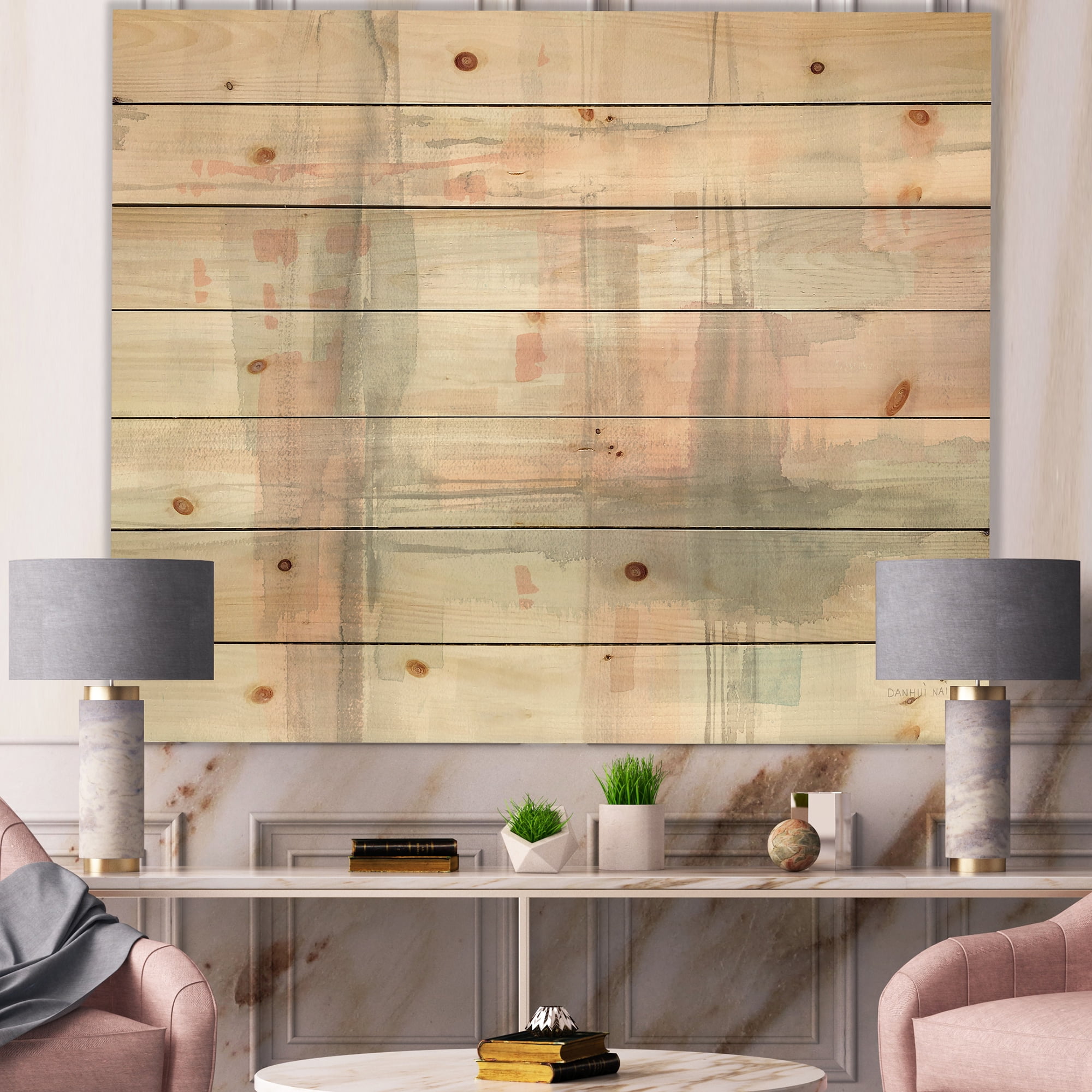 Designart 'Intersect II Grey' Pink Modern Print on Natural Pine Wood