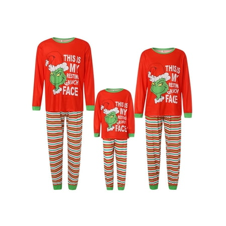 

Christmas Parent-Child Pajamas Cartoon & Letter Print Round Neck T-Shirt Color Block Striped Pants Sleepwear