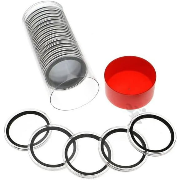 OnFireGuy 20pcs 40mm Black Ring Coin Holders & Capsule Tube with Red Cap Lid for Silver Eagles | Capsules & Storage Tube for 1oz American Silver Eagle, 30 gram Silver Panda, 1oz Silver Kangaroo