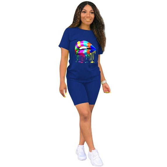 Akmipoem Women 2 PC Lip Graphic Tees Biker Shorts Activewear Sets Blue ,