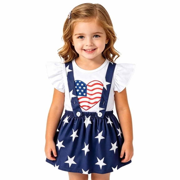 Ulitacool Girl'S 4Th Of July Clothes Patriotic Outfit Sleeveless Shorts Independence Day Star Print Tees Dress With And Adjustable Straps Fashion Clothing 12-24 Months White
