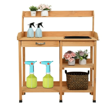 Zimtown Beige Fir Potting Bench Garden Workbench w/ Drawers and Sink