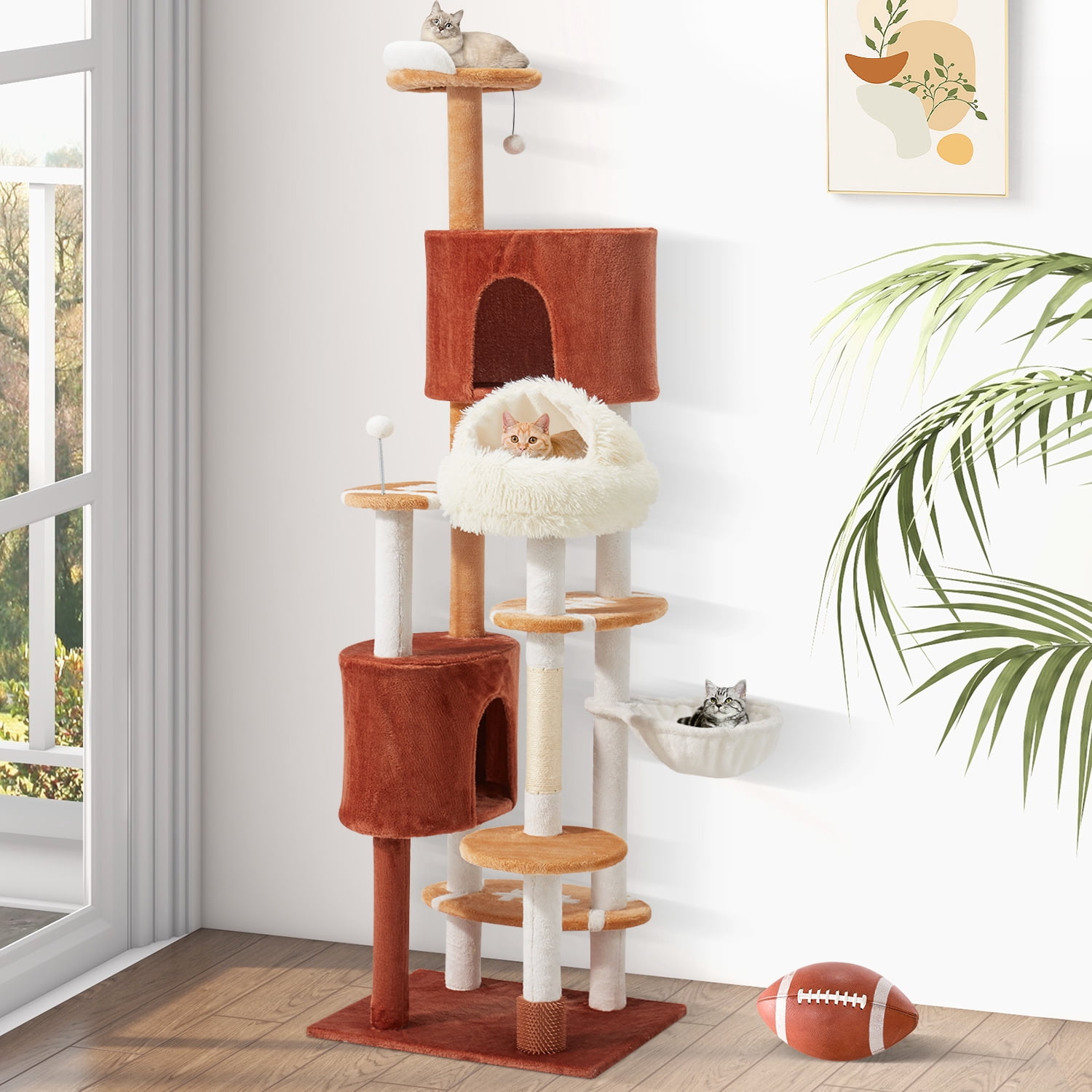 Erinnyees Cat Tree with Football Design, 74 Inches Cat Tower, Cozy Cat Cave Bed for Indoor Cats, 2 Cat Spacious Condos with Sisal Scratching Post, 5 Perches, Hammock and 2 Pompoms