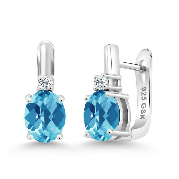 Gem Stone King 925 Sterling Silver Swiss Blue Topaz and White Topaz Earrings for Women (4.67 Cttw, Gemstone November Birthstone, Oval Checkerboard 9X7MM)