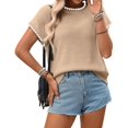 thumbnail image 2 of Women'S Ribbed Sweater Crew Neck Short Sleeve Loose Fit Knit Pullover Tops Khaki L, 2 of 9