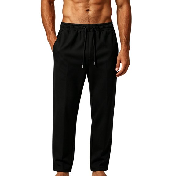 MXALUOB Men's Pull On Pants Tapered Drawstring Casual Elastic Waist Jogging Pant Ankle Length Straight Leg Classic Trousers with Slant Pocket