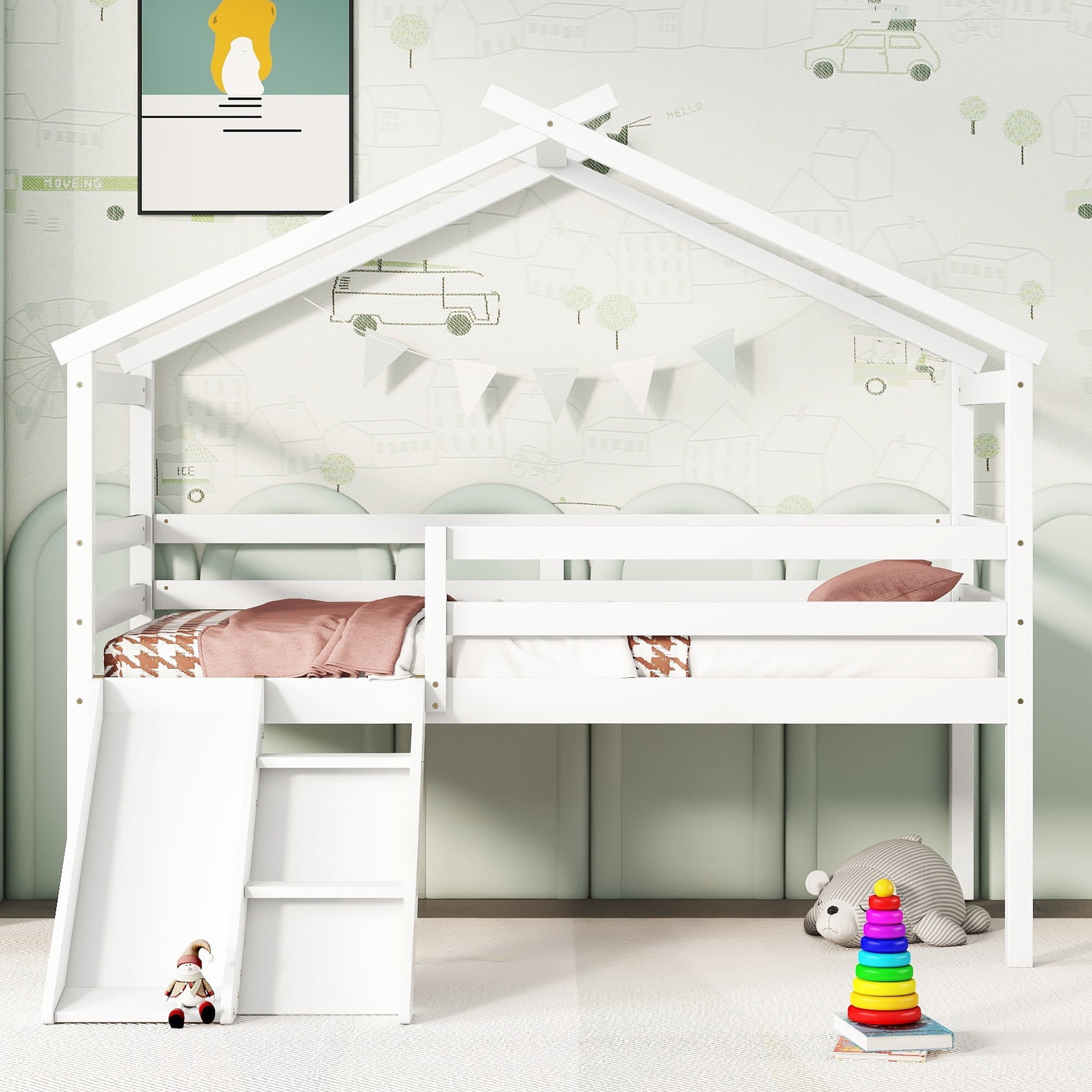 Aukfa Twin Low Loft Bed with Slide for Kids, Wood House Roof Bed Frame for Girls/Boys Bedroom, White
