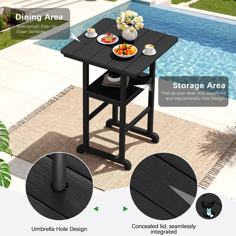 bar height patio table with umbrella hole 2 chairs Amazon.com: 3-Piece HDPE and Set, 42.1" Square High Top Pub Table Hole, Adirondack Charis with Cup Holders, Outdoor Dining Set for Bistro Backyard Deck reliable placement. W WARMHOL Cast Aluminum Patio