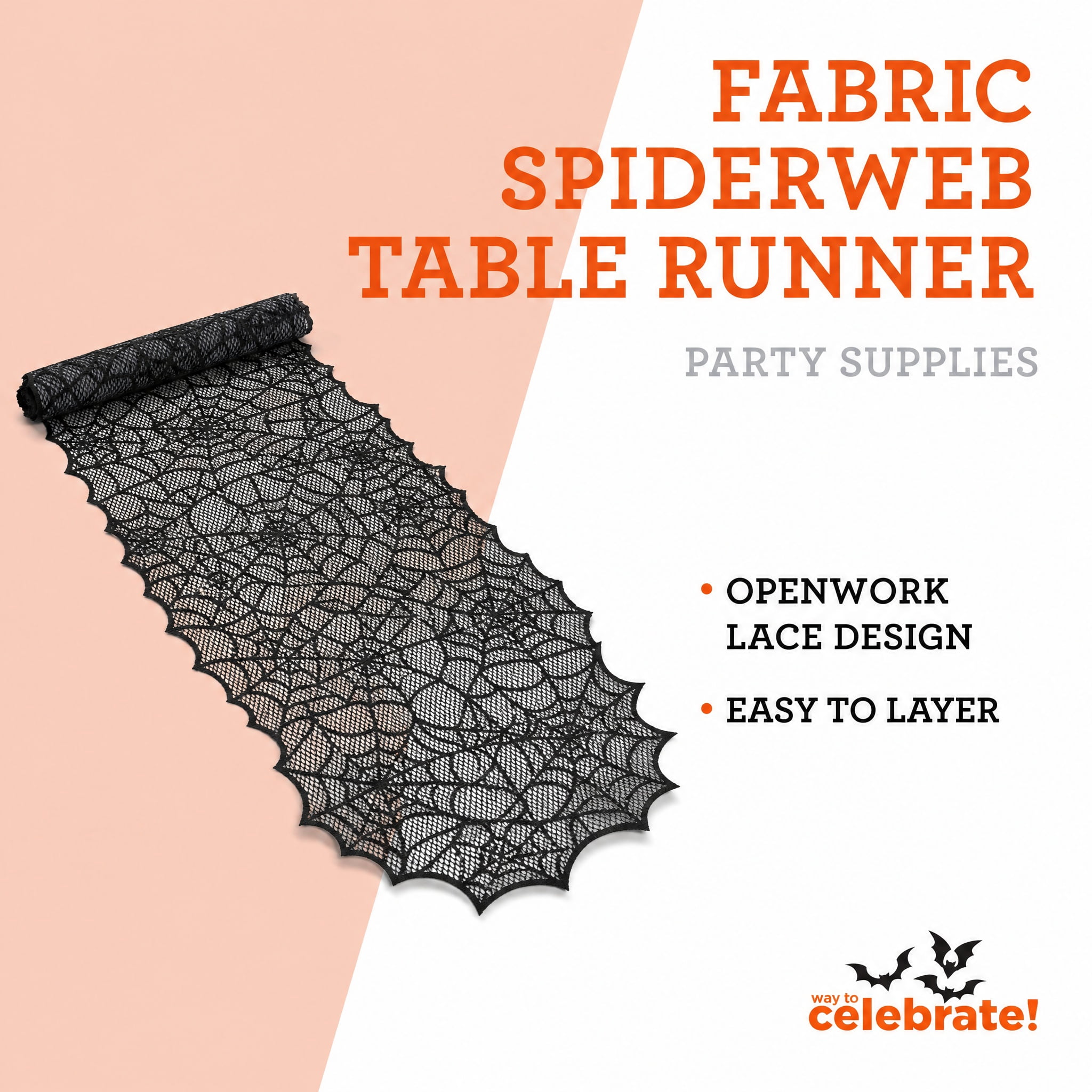 Fabric Spiderweb Table Runner, Black, 80" x 20", Halloween by Way To Celebrate