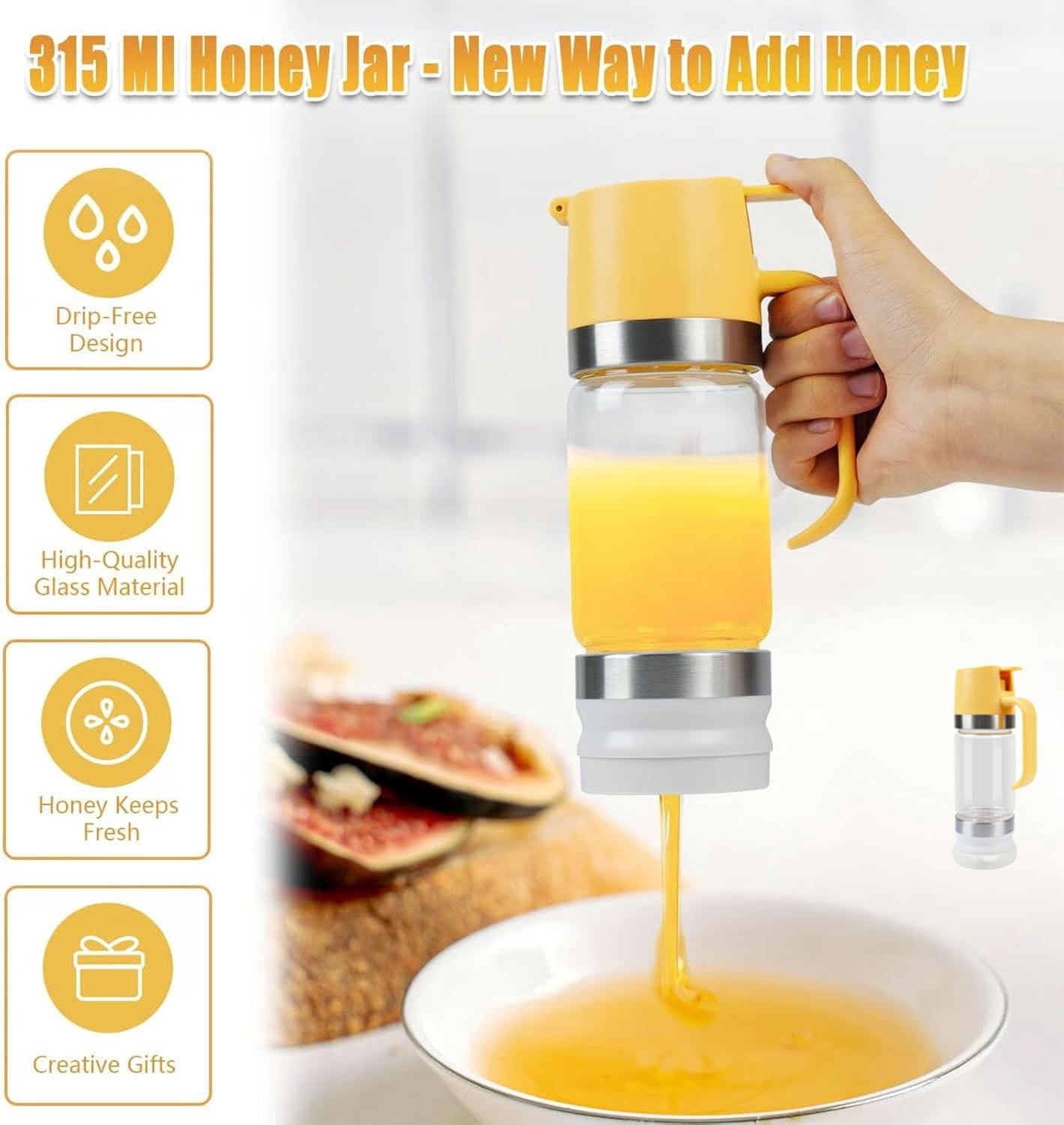 Honey Dispenser No Drip with Base, 10oz Glass Honey Dispenser with Handle, Mess Free Syrup Dispenser, Pressure Design for Quantitative Honey Extraction Syrup and Jam (Yellow)