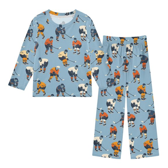 FORMRS Kids Pajama Set Fleece Long Sleeve Top Relaxed-Fit Pants Lounge Sleepwear, Sizes 3T-11Y, Blue Hockey Pattern