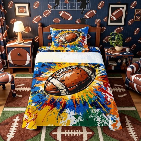 Castle Fairy Football Print Twin Sheets 3pcs, Hippie Splash Bedding, White Blue Orange,1 Fitted Sheet, 1 Flat Sheet and 1 Pillowcase