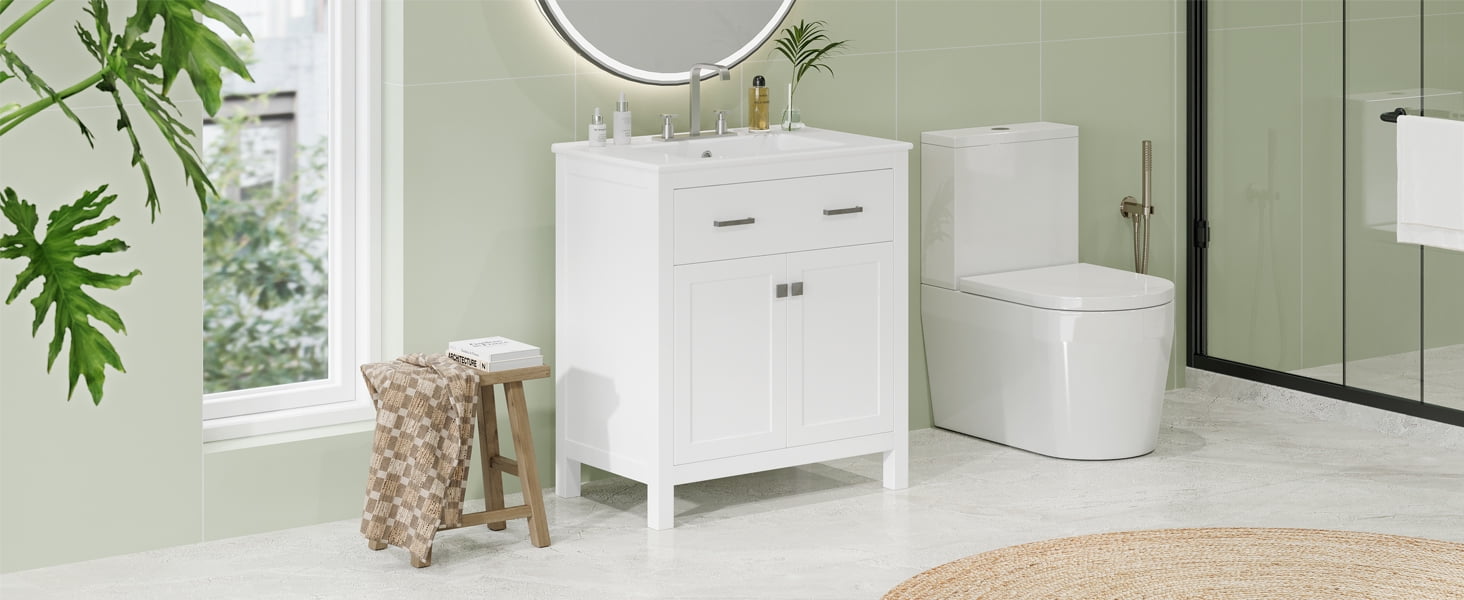 Euroco 30" Bathroom Vanity with Ceramic Sink – Solid Wood Frame, Flip-Out Drawer, U-Shaped Adjustable Shelf, and Soft-Close Doors
