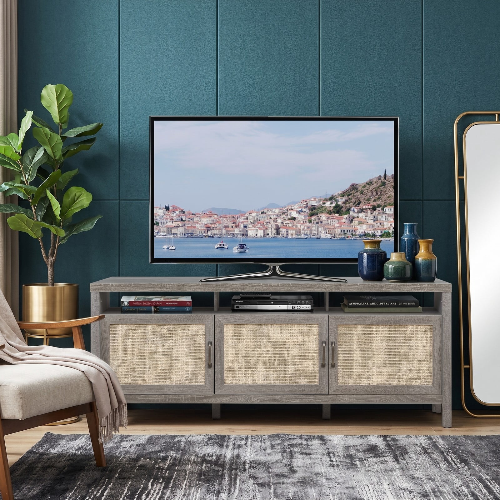 Furnibear Universal TV Stand Entertainment Media Center Console with Rattan Cabinets and Open Shelf for TVs up to 65 Inch, Living Room Bedroom Storage Furniture, Gray